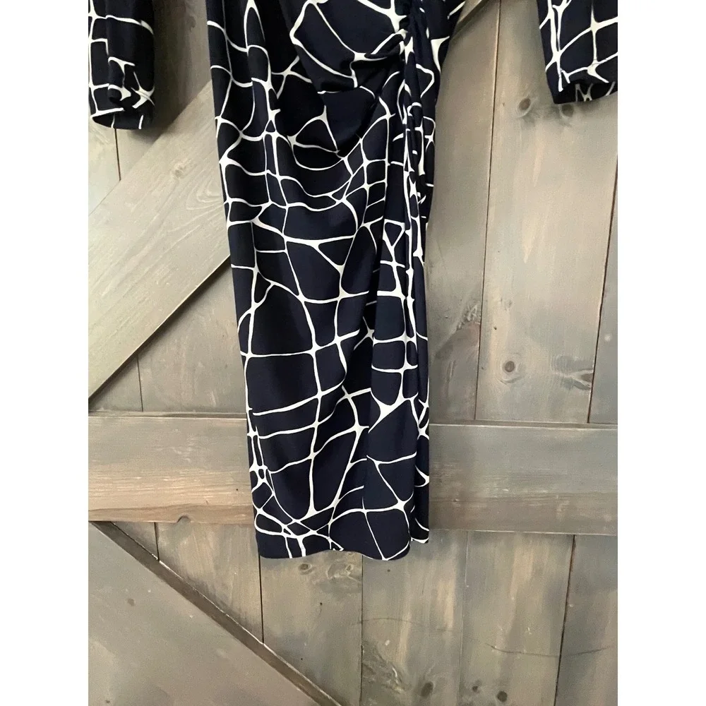 Jones New York Navy Geometric Faux Wrap Sheath Dress 10 Professional Minimalist